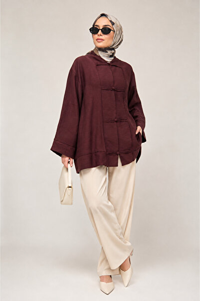ShopFast Biye Düğmeli V Yaka Organze Vual Oversize Kimono