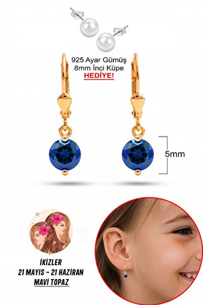 klas gümüş 925 Ayar Gümüş Çocuk Küpesi |5 mm Mavi Topaz Taşlı Sallantılı Küpe...