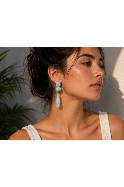begüm jewelery MAVİ KARE OVAL SALLANTILI ŞIK TASARIM KÜPE