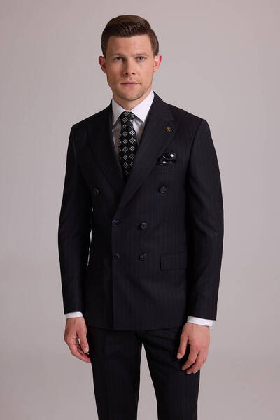 Ysf Erkek Siyah Slim Fit Çizgili Kruvaze Yün Takım Elbise