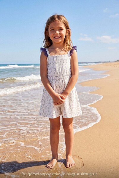 Haşema Strappy Lilac Patterned 3-Piece Girls' Jumpsuit Swimsuit Set 7004