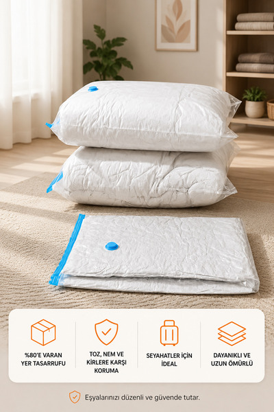 Ferzin 3'lü Vakumlu Hurç Seti 2 XXL (80x100 cm) + 1 XL (55x90 cm) Vakum Poşeti Yer Tasarruflu Saklama Hurcu