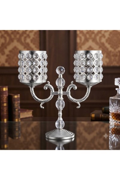 HİLALKRİSTAL KRİSTAL TAŞLI -KOLLU -2 Lİ LÜKS ŞAMDAN -GOLD GÜMÜŞ