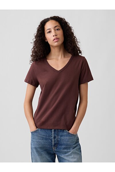 GAP Kadın Kahverengi V Yaka T-Shirt