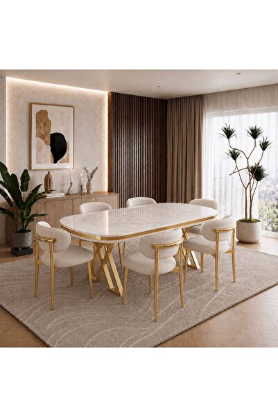 UZMHOME Polo Serisi 6 Kişilik Yemek Odası Takımı - Mermer Desenli Metal Ayaklı
