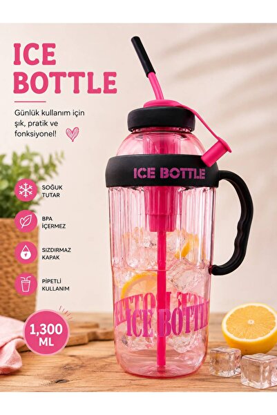 Ice Bottle Pipetli Matara 1300 ml – Sızdırmaz Lüks Suluk ve Detoks Şişesi