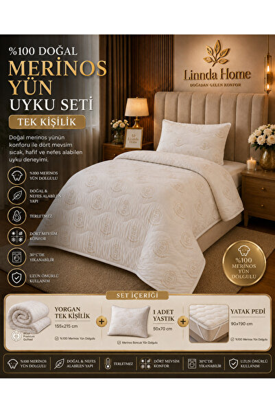 Linnda Home طقم نوم فردي من صوف الميرينو بنسبة 100% - لحاف 155x215، وسادة 50x...
