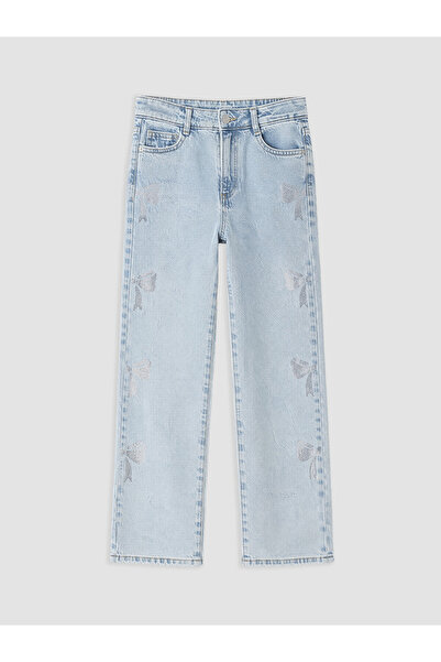 LC Waikiki Lcw Kids Blue Regular Fit Stone Embroidered Girls' Jean Pants