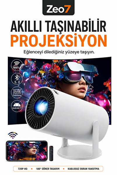 Zeo7 Android Akıllı Taşınabilir Projeksiyon 720P Wi-Fi LCD/LED Manuel Odak