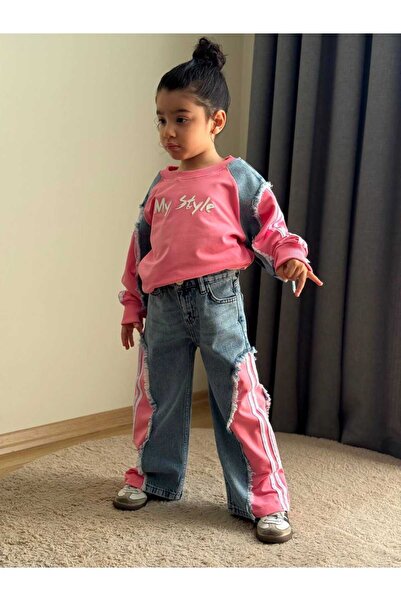 CHİCKİDSWEAR Girl's 2-Piece Set with Jeans and Sweatshirt Trousers