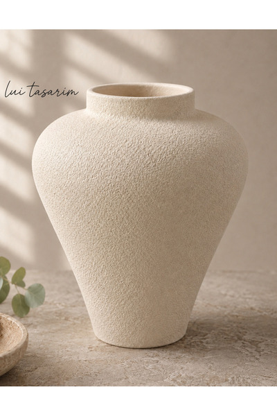 Lui Tasarım Textured Cream Color Ceramic 26 cm Shah Cube Vase