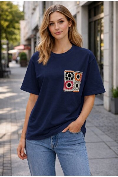 Maison La Femme Women's Oversized Floral Motif Lace Pocket Detail T-Shirt