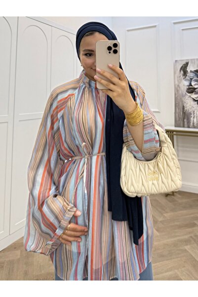 bezenstore ÇİZGİLİ HAKİM YAKA MAVİ TUNİK
