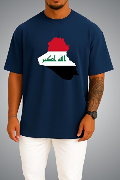 Bahriyeli Collection Oversize Iraq Flag and Map Chest Printed Unisex T-Shirt