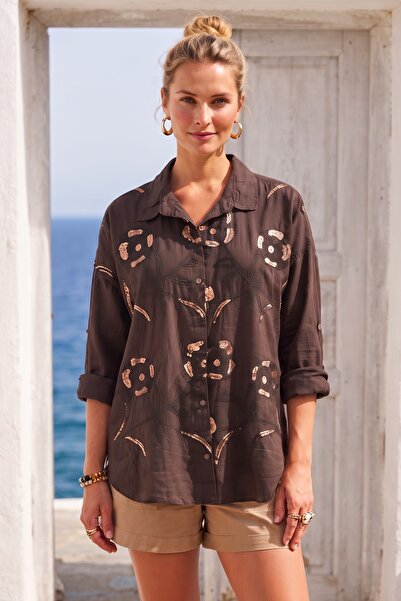 Chiccy Italian Chocolate Color Shirt Collar Long Sleeve Buttoned Sequined Emb...