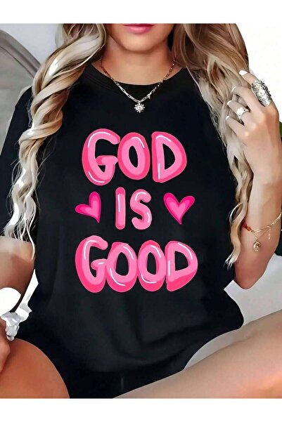 LİNA06 تي شيرت نسائي ناعم ومرن برقبة دائرية مع عبارة "GOD IS GOOD" بارزة وقلو...