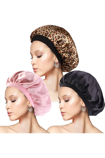 STARSTAR Three-Piece Silk Nightcap Set Adjustable Satin Breathable Hair Cap W...