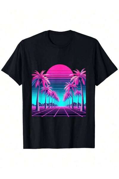 kai22 Retro 80s Vaporwave Aesthetic Palm Trees Sunset 90s Art Men's Summer St...