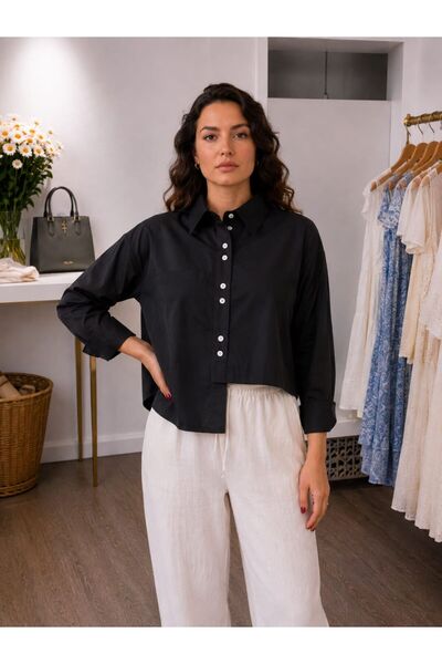 MARE BUTİK Asymmetrical Cut Poplin Fabric Black Crop Shirt-Xl