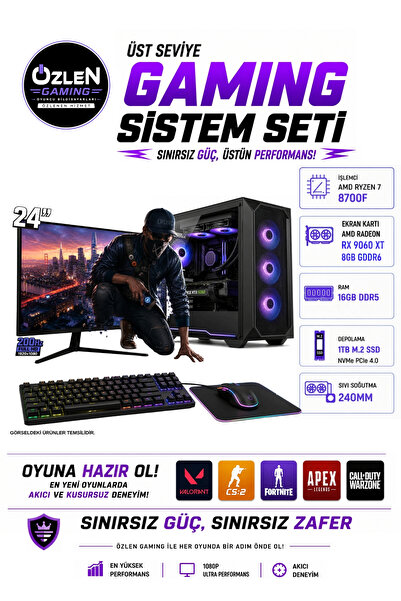 ÖZLEN X57 RYZEN 7 8700F RX 9060 XT 8GB 16GB DDR5 RAM 1TB M.2 SSD 24'' Full HD...