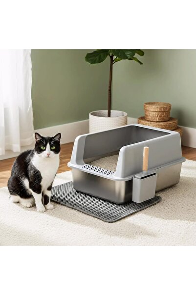 WISFOR Stainless Steel Cat Litter Box: Large Metal Cat Litter Box with High-S...