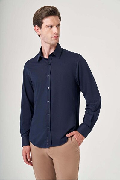 İmza Navy Blue Overalls Collar Long Sleeve Pocketless Knitted Slim Fit Cotton...