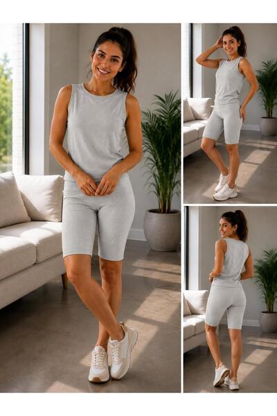 MİLYA&GYM Women's Cotton Camisole Ribbed Fabric Top-Bottom Crewneck Tank Top Set