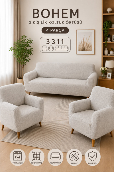coverbox Bohemian Pattern Stone-Gray Elastic Sofa Cover 3+3+1+1 Set |   Flexi...