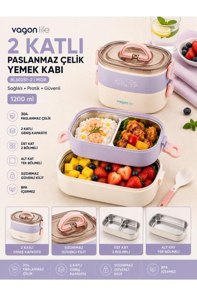 Vagonlife BL50251-2 Mor 1200 ml 2 Katlı 3 Bölmeli Paslanmaz Çelik Yemek Kabı ...