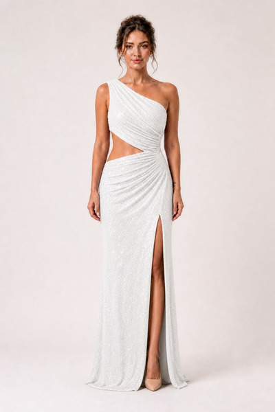Moon Of Dress Beyaz Tek Omuz Cut-Out Payetli Balık Uzun Abiye Elbise