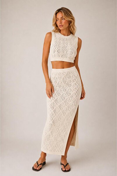 ALEXANDERGARDI Openwork Knitwear Crop Blouse & Slit Midi Skirt Set