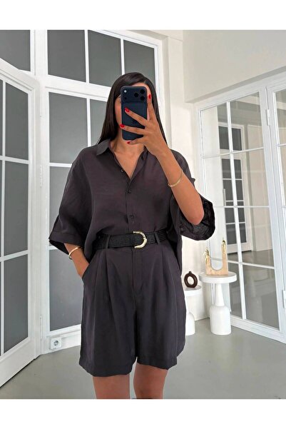 MAESTRO WOMAN Women's Anthracite Oversize Shirt Belted Shorts Tencel Set