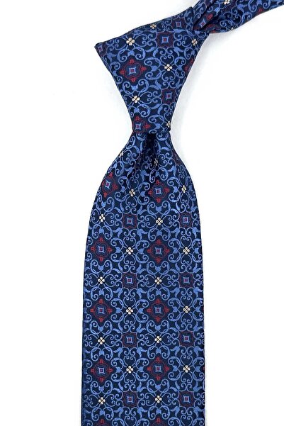 Kravatkolik Blue Navy Blue Motif Pattern Classic Tie with Handkerchief Kk13924