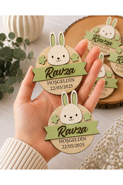 Kişiye Özel Ahşap Tavşan Magnet - İsimli Hoş Geldin Magneti - Baby Shower 8 cm (10adet)