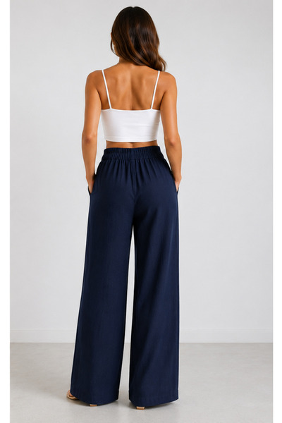 SELDAĞ MODA Linen Pants with Pockets and Elastic Waist at the Back
