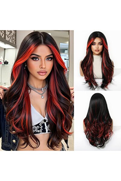 STARSTAR Women Black Wig with Red Highlights Long Curly Hair with Bangs Every...