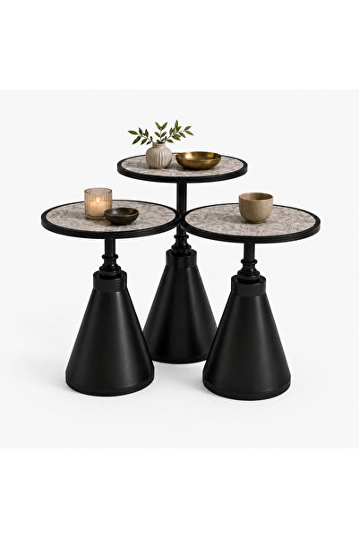 Levon Home ROYA Lüks Siyah Metal Gövdeli Kütük Tabla Desenli Üçlü Sehpa