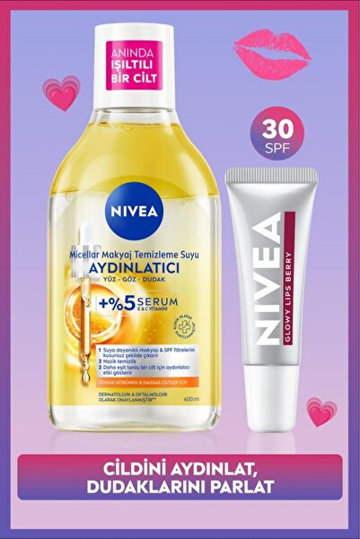 NIVEA Aydınlatıcı Micellar Makyaj Temizleme Suyu 400ml ve Glowy Lips Berry Re...