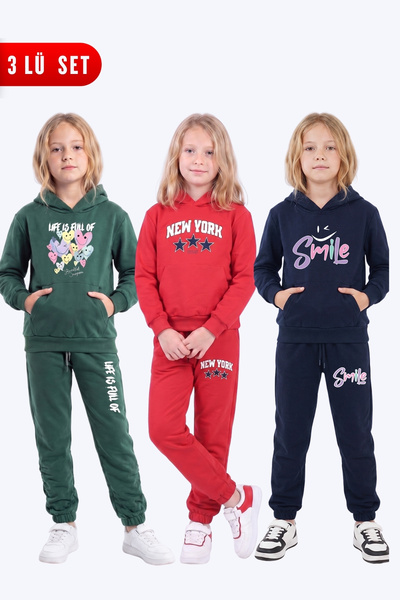 FYK KİDS Set de trening cu glugă și buzunar tip cangur, imprimat, 3 piese, pe...