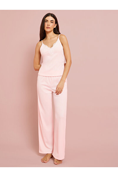 Styli Pink Contrast Lace Detail Cami and Pyjama Set