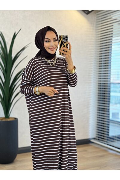 Afili 1217 Striped Slit Long Dress Dark Brown