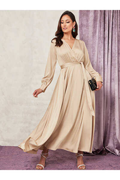 Styli Long Sleeves Satin Wrap Front Maxi Dress with Tie Belt