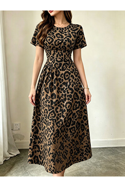 Take Two By Styli Brown Leopard Print Round Neck Midi Dress