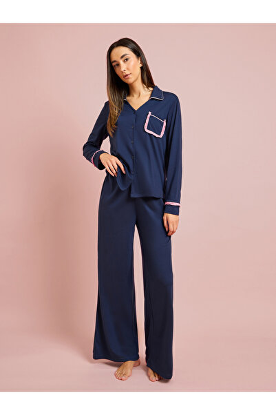 Styli Navy Ruffle Pocket Detail Piped Shirt and Pyjama Set