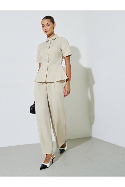 Styli Beige Solid Pleated Wide Leg Pants