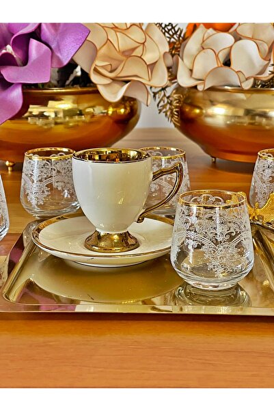 P&ORA PREMIUM KITCHEN PRODUCTS Real Gold Gilded Lace Patterned Coffee Cup for 6 People, Water Cup, Soft Drink Cup, Dowry Gift