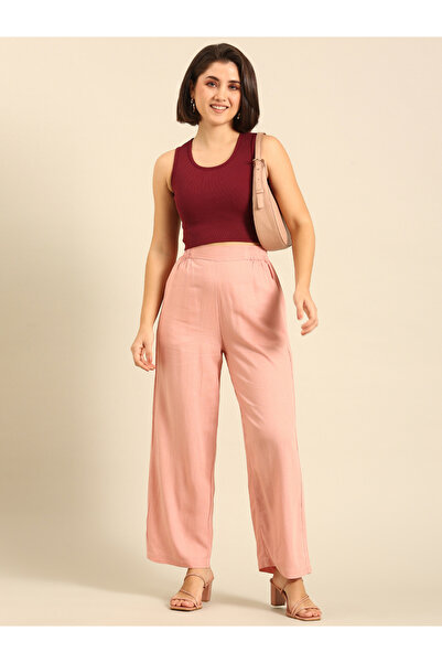 De Moza By Styli Pink Solid Wide Leg Pants