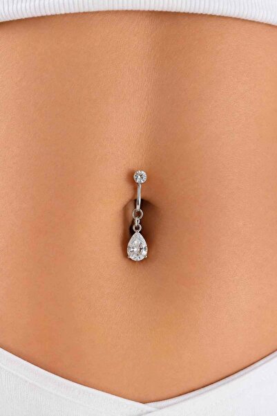 TAKIŞTIR Gümüş Renk Taşlı Delik Gerektirmeyen Cerrahi Çelik Göbek Piercing