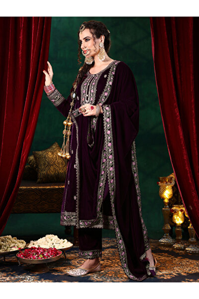 Libas By Styli Burgundy Embroidered Velvet Straight Kurta, Trousers And Dupat...