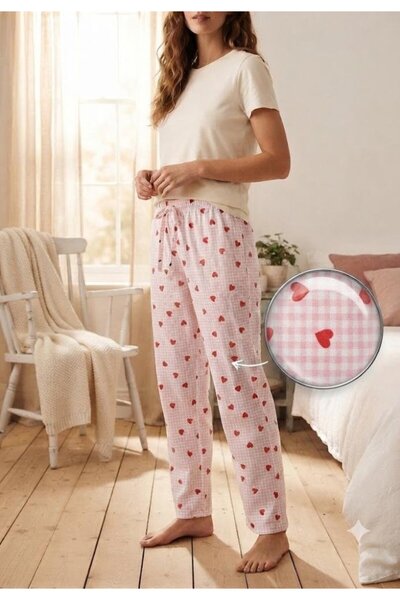 Serena Pantaloni de pijama lungi de dama ALB cu ROZ
